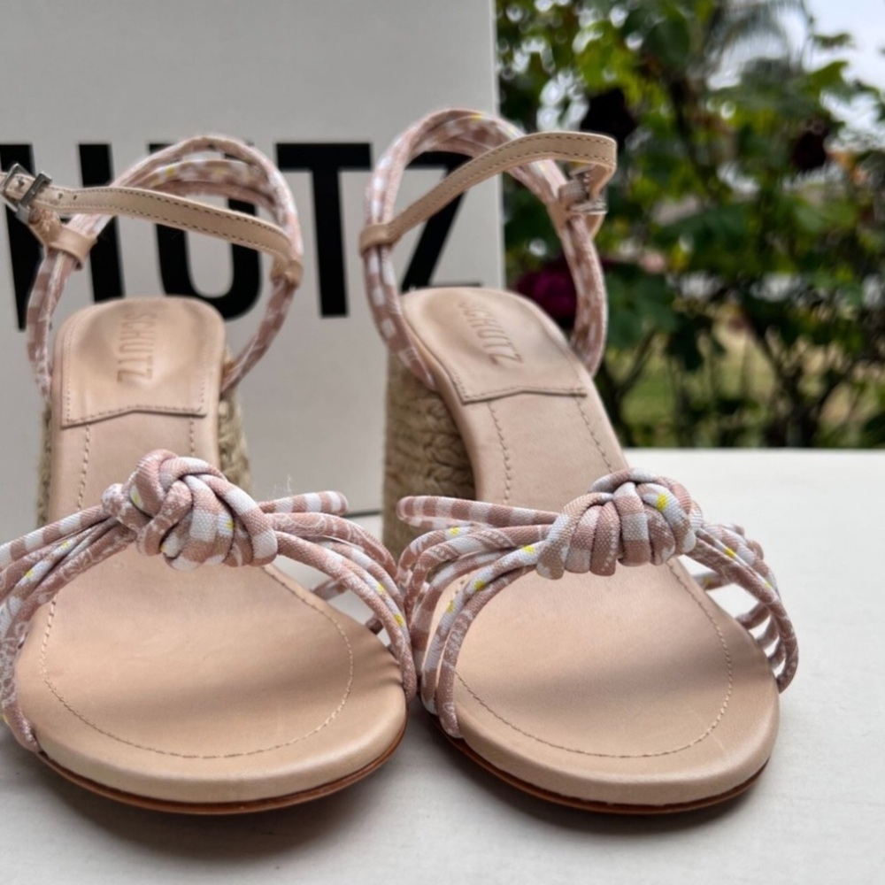 New Schutz Dahra Knotted Print Fabric Block Heel Espadrille Sandals - Picture 8 of 13
